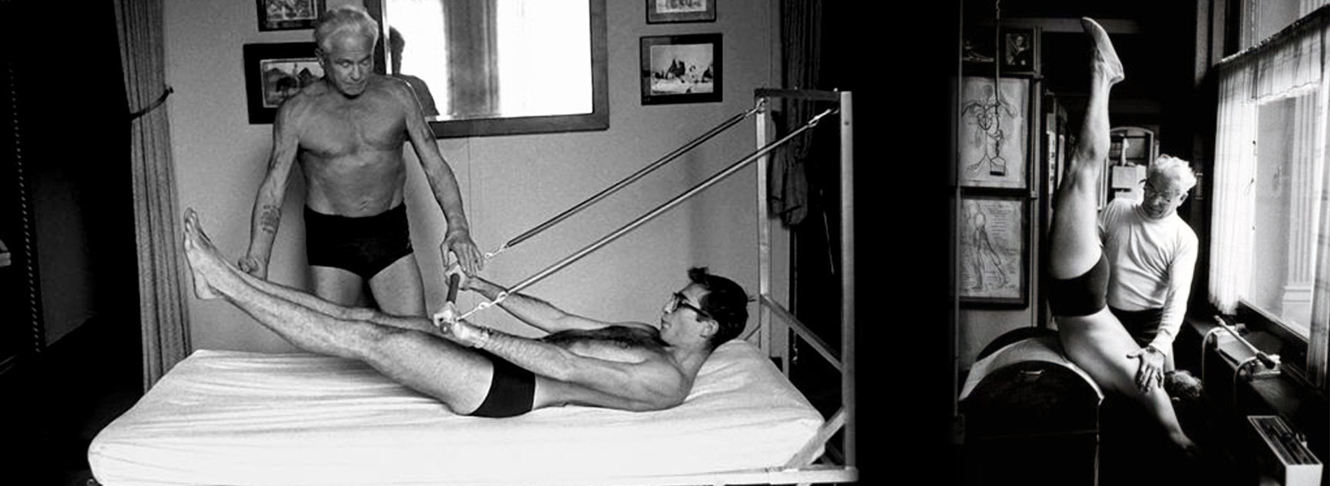 Joseph Pilates da un corso di Pilates a un allievo, usando diversi macchinari.